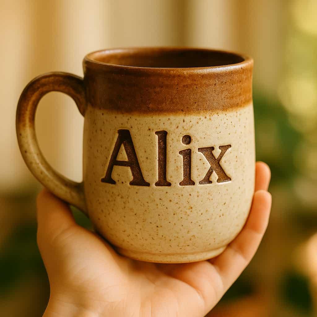 Tasse style porcelaine avec le prenom alix grave dans le mug