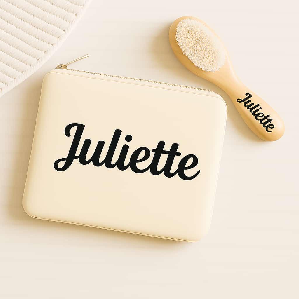 Trousse de toilette pour bebe personnalise avec le prenom juliette et sa brosse de cheveux
