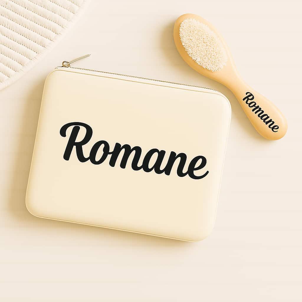Trousse de toilette pour bebe personnalisee avec le prenom romane avec sa brosse a cheveux prenom romane