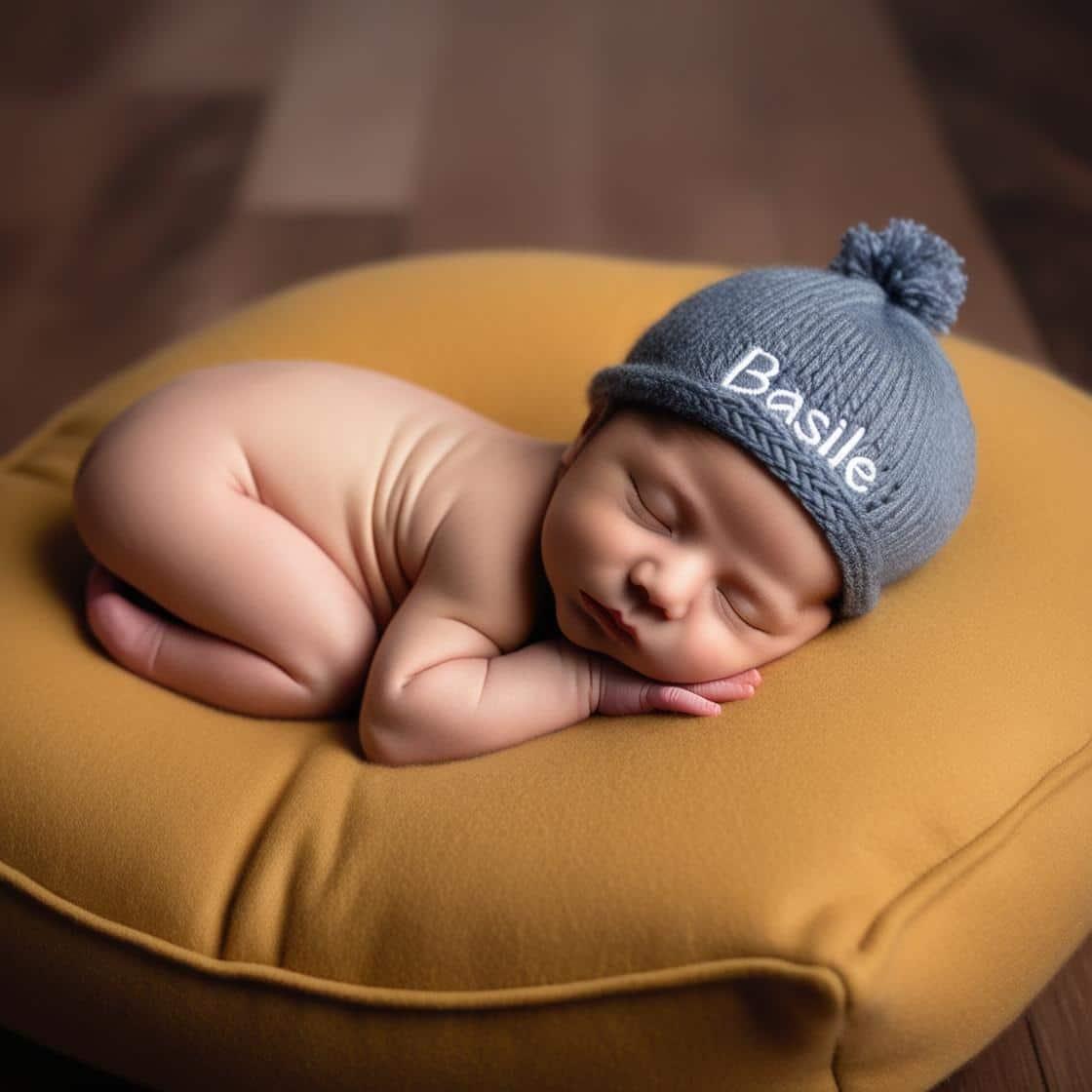 Un bébé avec un bonnet bleu gris avec le prénom Basile, il dort paisiblement sur un coussin couleur moutarde