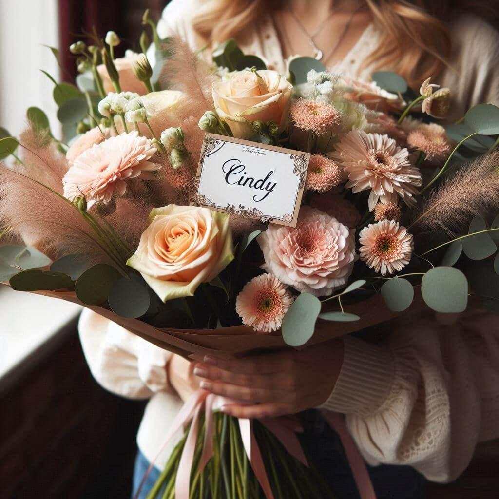 Un bouquet de fleurs personnalise avec le prenom cindy
