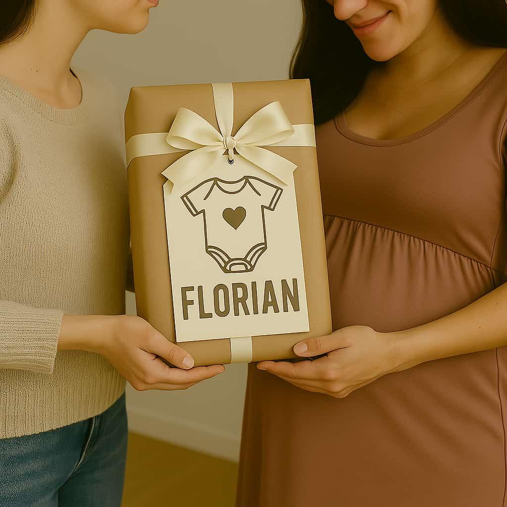 Un cadeau de naissance offert a une femme enceinte personnalise avec le prenom florian