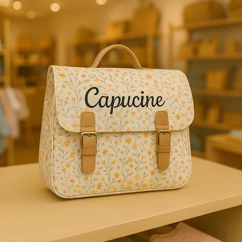Un cartable theme fleuri personnalise avec le prenom capucine