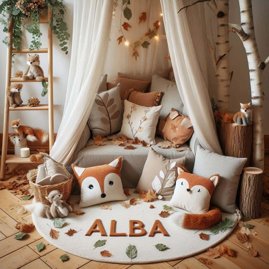 Un coin de lecture doux et naturel inspire par la foret avec des coussins en forme de petits animaux de la foret comme des renards et loups personnalise avec le nom alba feuilles m