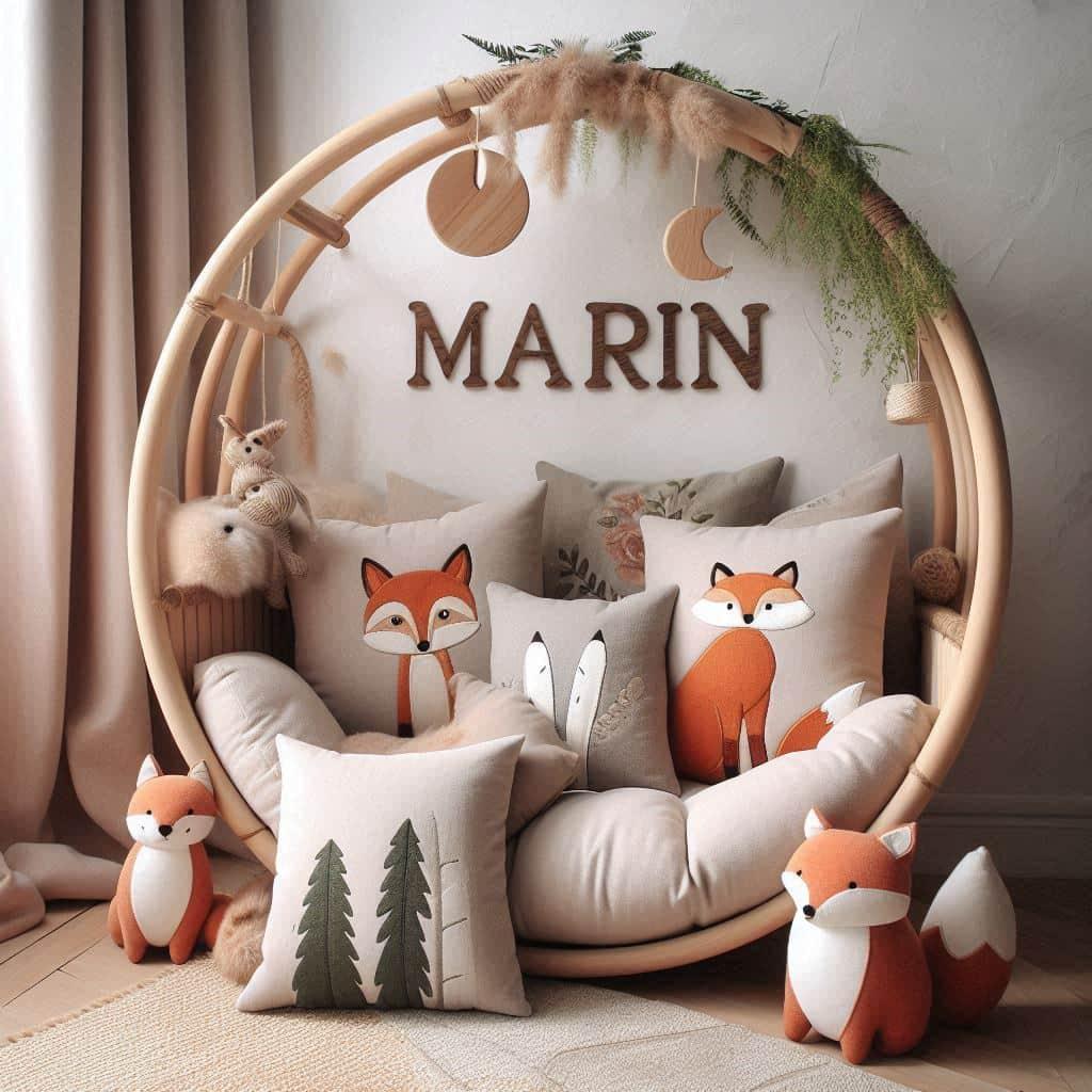 Un coin de lecture doux et naturel inspire par la foret avec des coussins en forme de petits animaux de la foret comme des renards et loups personnalise avec le nom marin couleurs