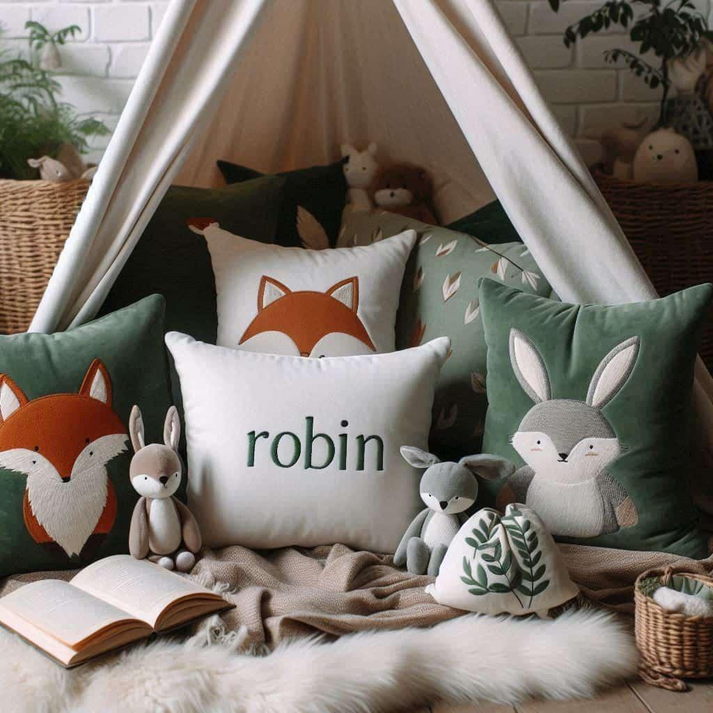 Un coin de lecture doux et naturel inspire par la foret avec des coussins en forme de petits animaux de la foret comme des renards et loups personnalise avec le nom robin