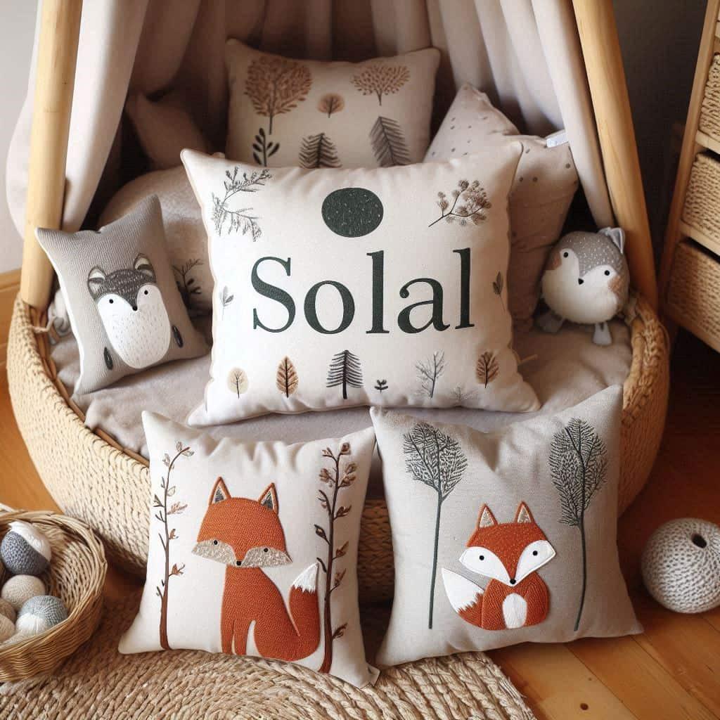 Un coin de lecture doux et naturel inspire par la foret avec des coussins en forme de petits animaux de la foret comme des renards et loups personnalise avec le nom solal couleurs