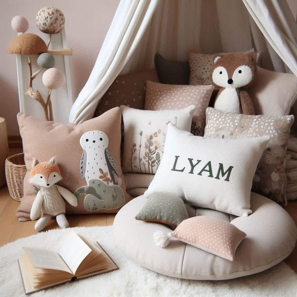 Un coin de lecture doux et naturel inspire par la foret avec des coussins en forme de petits animaux de la foret un coussin avec le nom lyam