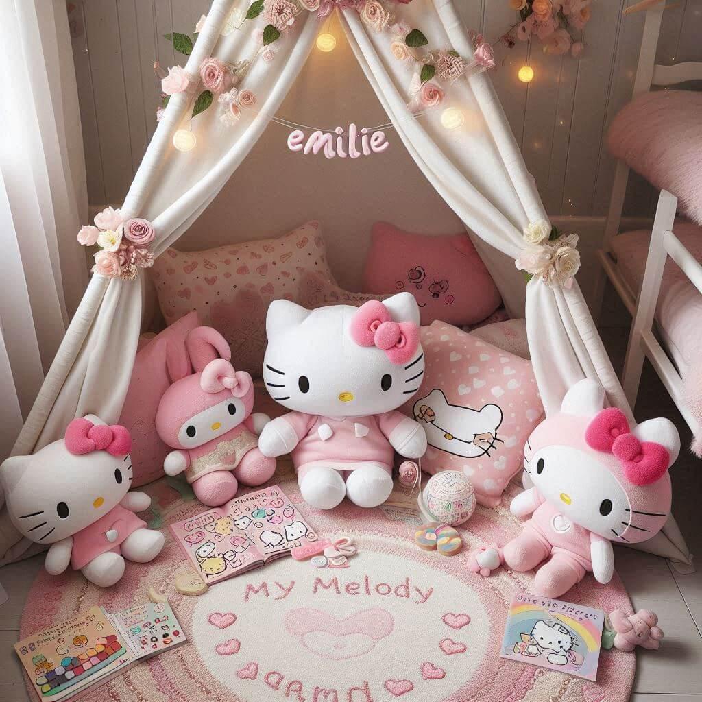 Un coin lecture inspire de hello kitty avec des tons roses et blancs prenom emilie 1