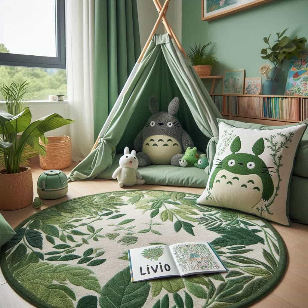 Un coin lecture inspire de mon voisin totoro avec des tons verts rappelant la nature enchantee du film prenom livio 1