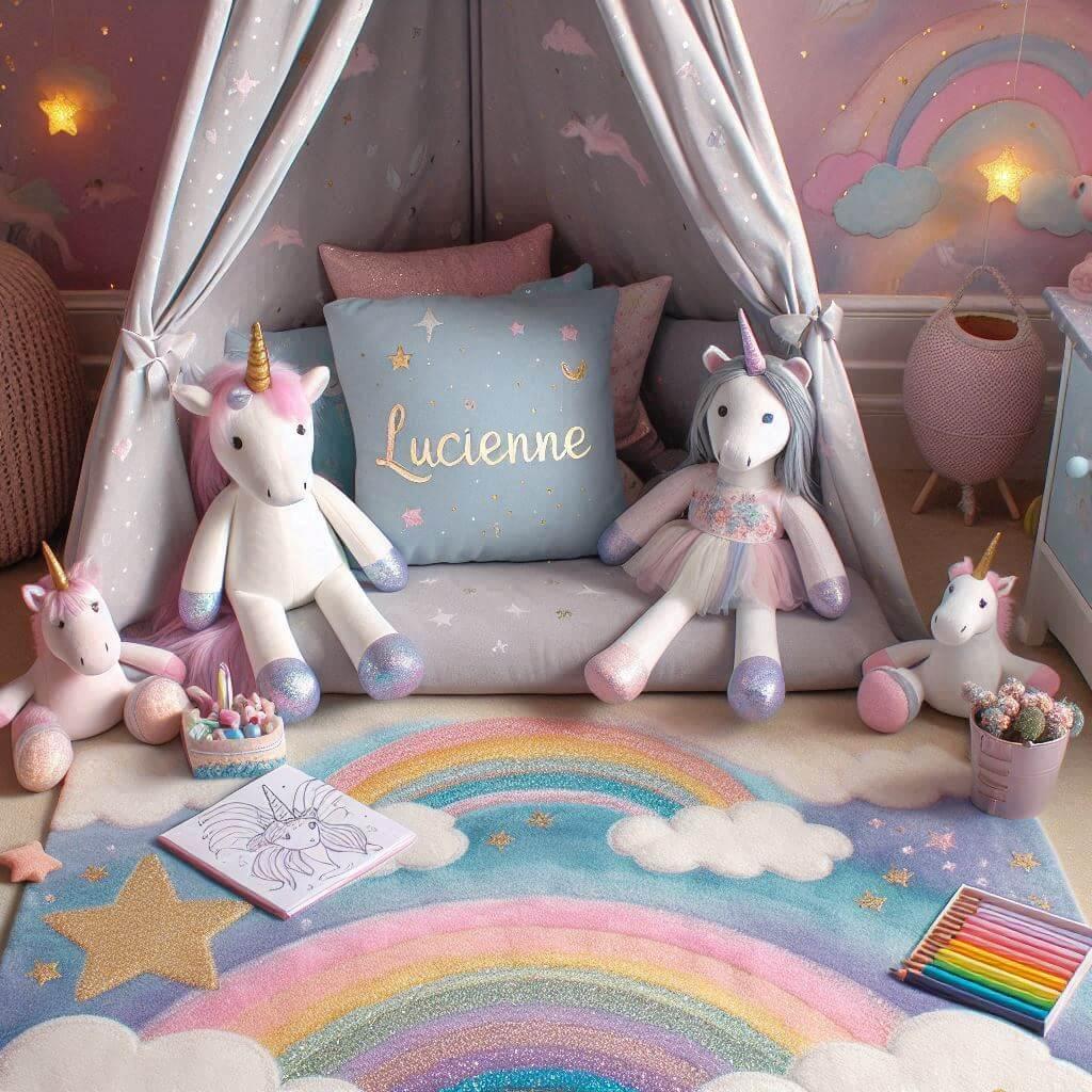 Un coin lecture inspire des licornes et arc en ciel avec des tons pastel et scintillants rappelant un univers feerique et enchante un tapis moelleux decore de nuages etoiles et arc