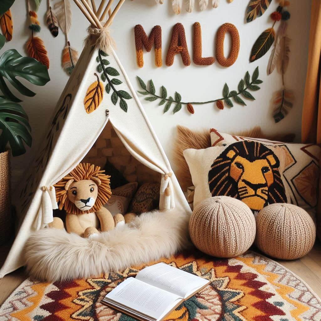 Un coin lecture inspire du roi lion de disney avec un tapis doux aux couleurs chaudes prenom malo
