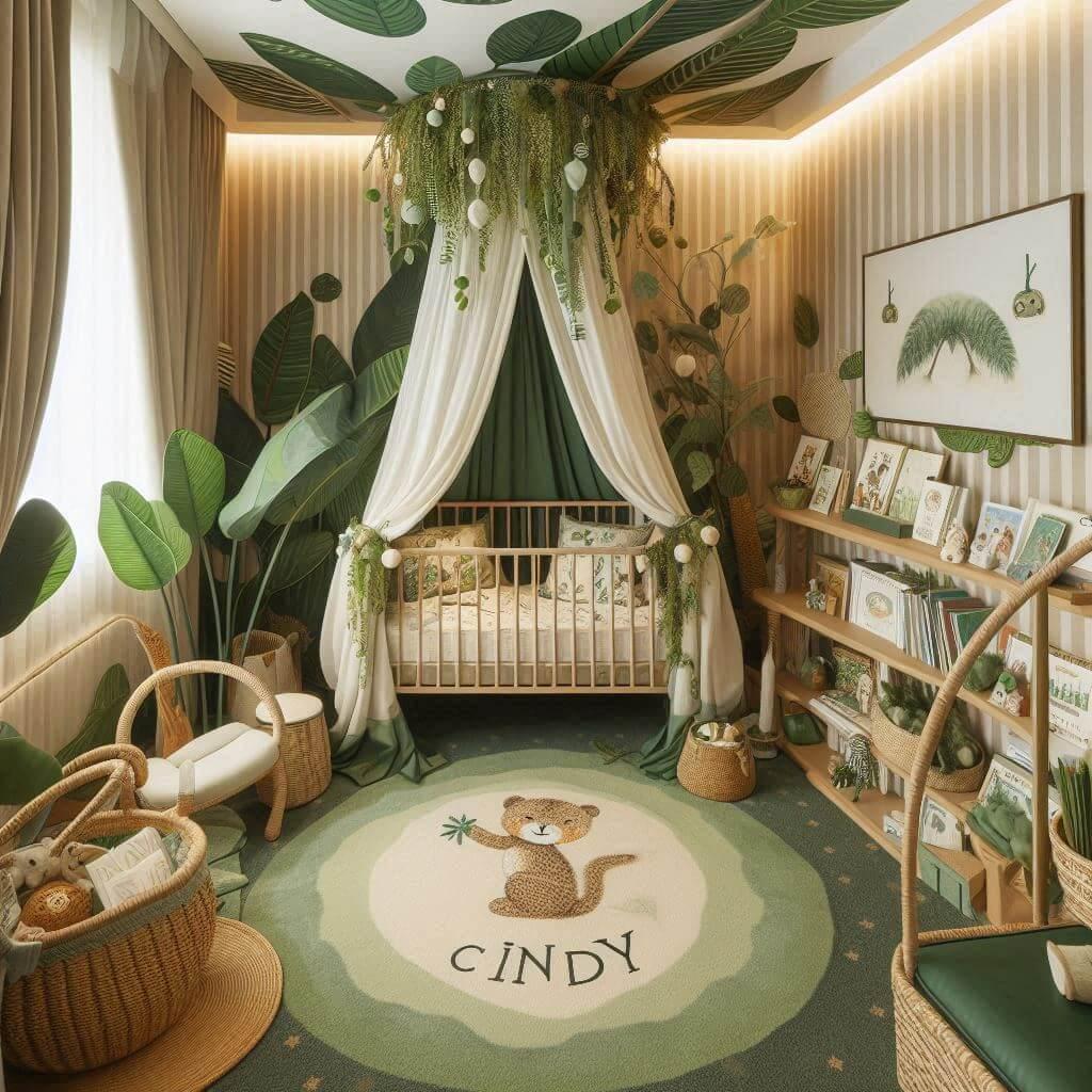 Un coin lecture pour enfant sur le theme de la jungle avec des tons verts et beige evoquant la nature berceau ciel de lit un tapis orne dun motif de feuilles prenom cindy 1 1