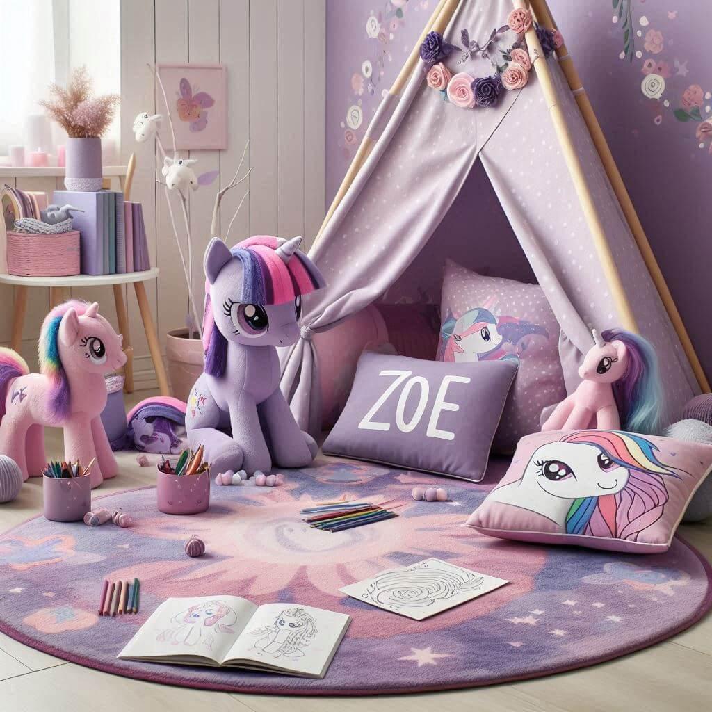 Un coin lecture pour enfant sur le theme de my little pony avec des tons violets roses et pastels personnalise avec le prenom 1