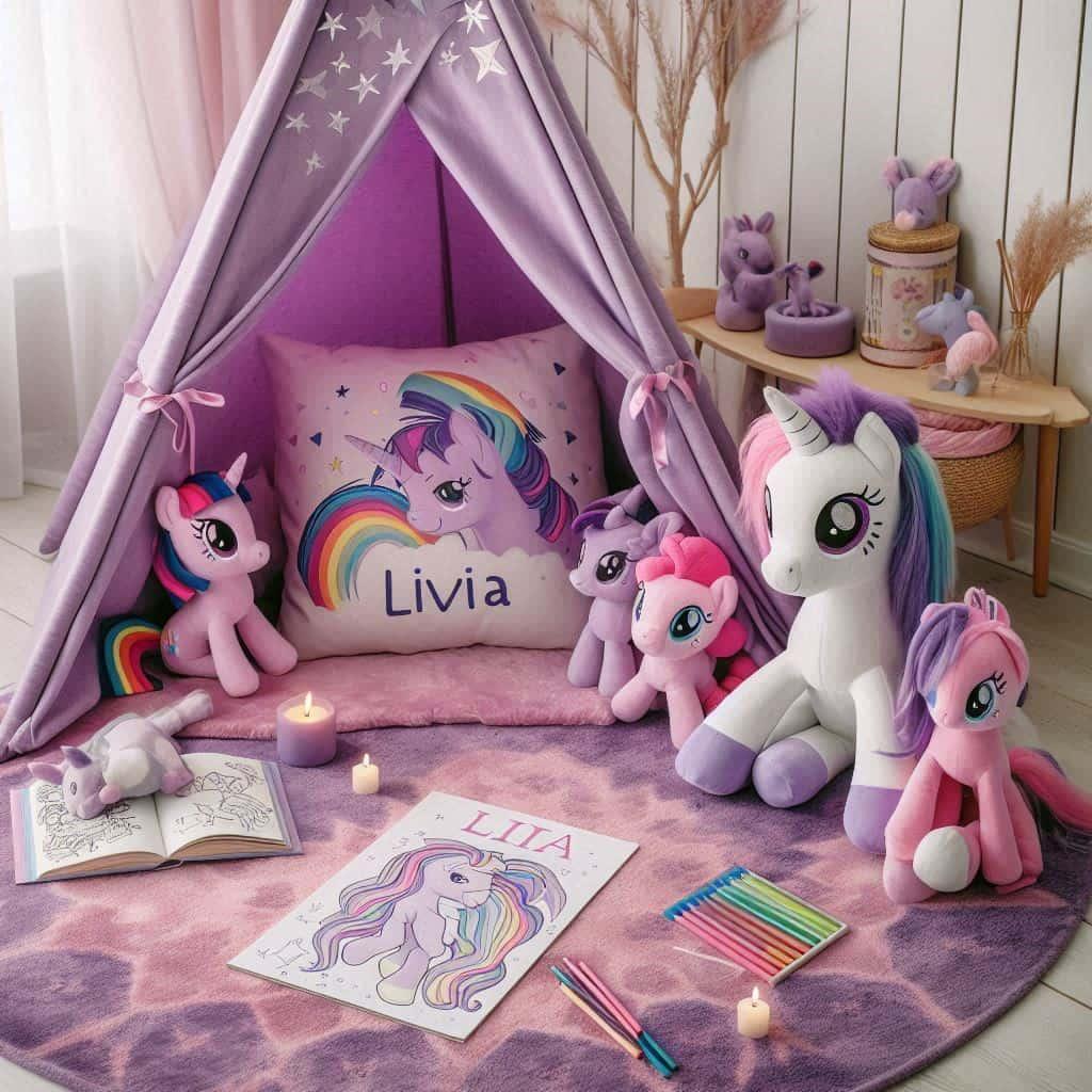 Un coin lecture pour enfant sur le theme de my little pony avec des tons violets roses et pastels personnalise avec le prenom livia 1