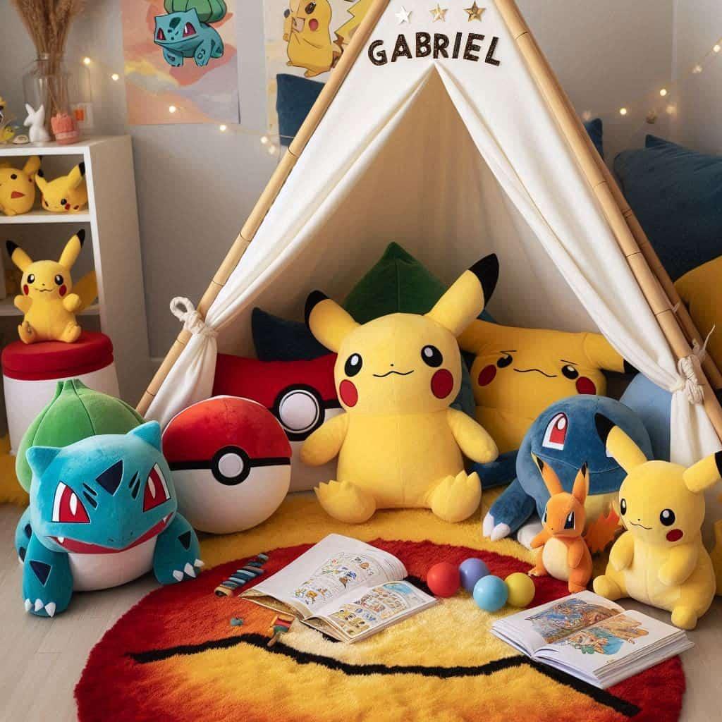 Un coin lecture pour enfant sur le theme de pokemon avec des tons jaune rouge et bleu inspires des celebres creatures et de leurs aventures personnalise avec le prenom gabriel