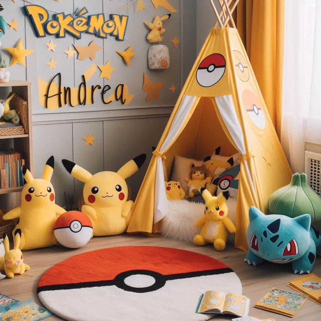 Un coin lecture pour enfant sur le theme de pokemon avec des tons jaune rouge et bleu inspires des celebres creatures et de leurs aventures un tapis doux orne de motifs de pokeball