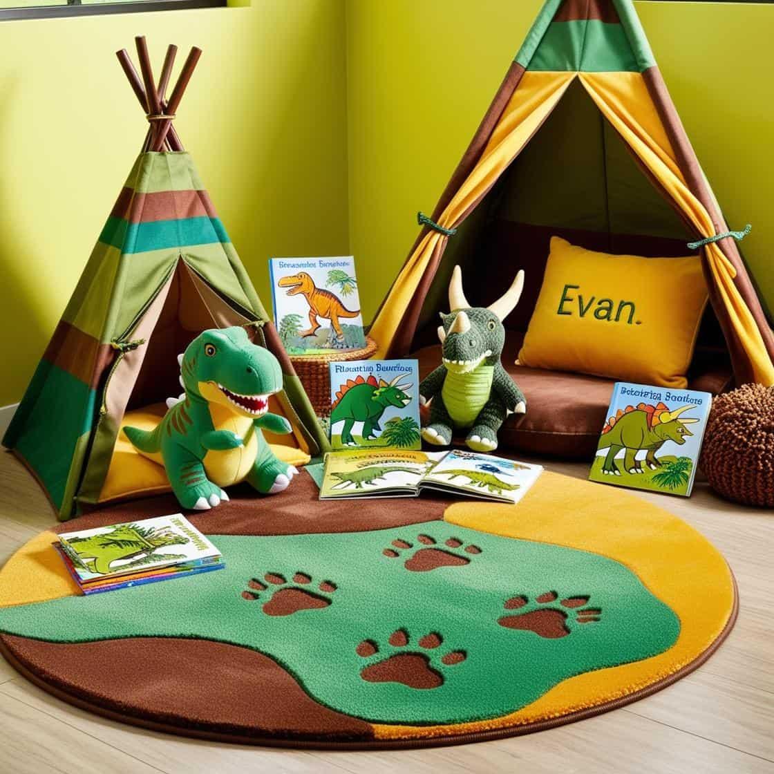 Un coin lecture pour enfant sur le theme des dinosaures avec des tons verts bruns et jaunes evoquant la prehistoire un tapis doux orne de motifs d empreintes de dinosaures et des p