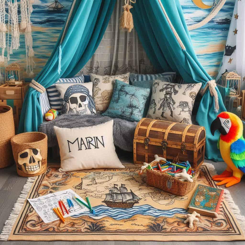 Un coin lecture pour enfant sur le theme des pirates avec des tons bleu ocean et sable dore un vieux tapis orne d un motif de carte au tresor et des peluches en forme de perroquet