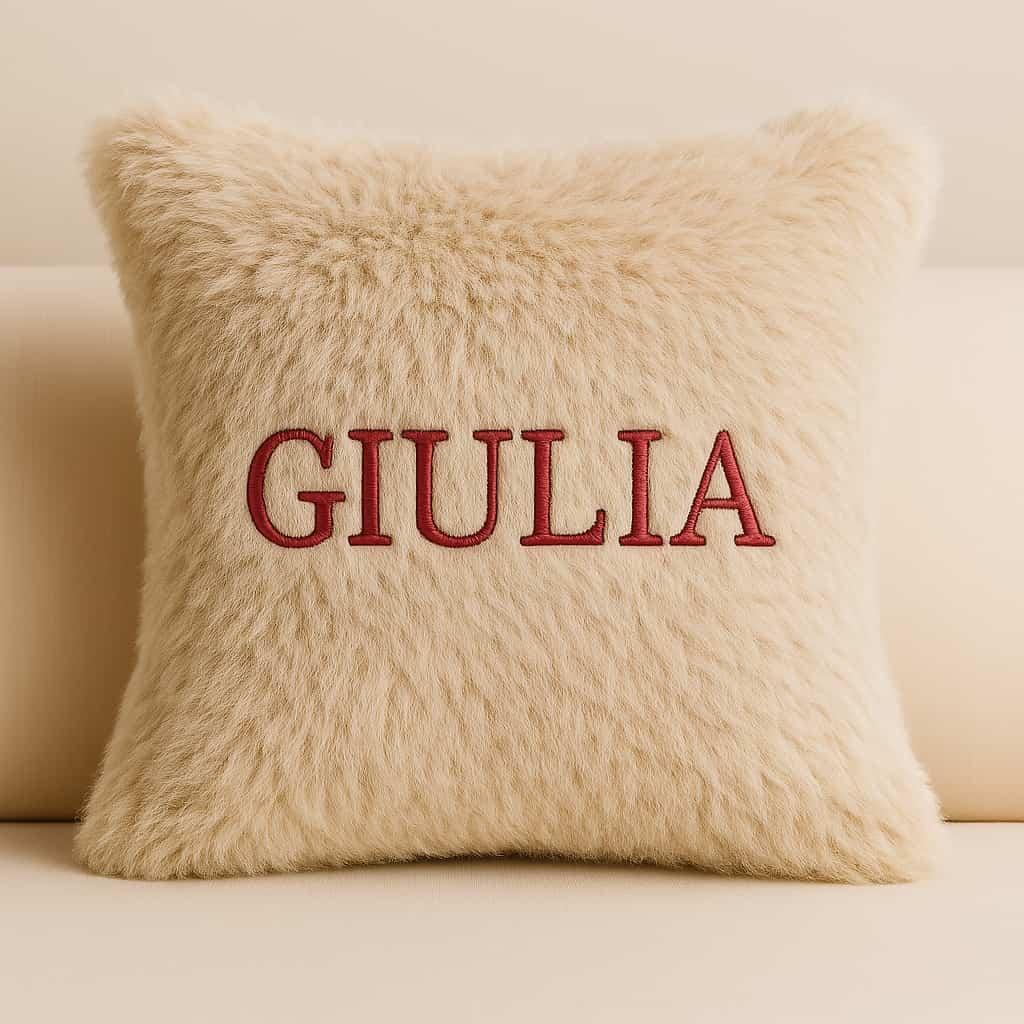 Un coussin avec fourrure personnalisee avec le prenom giulia