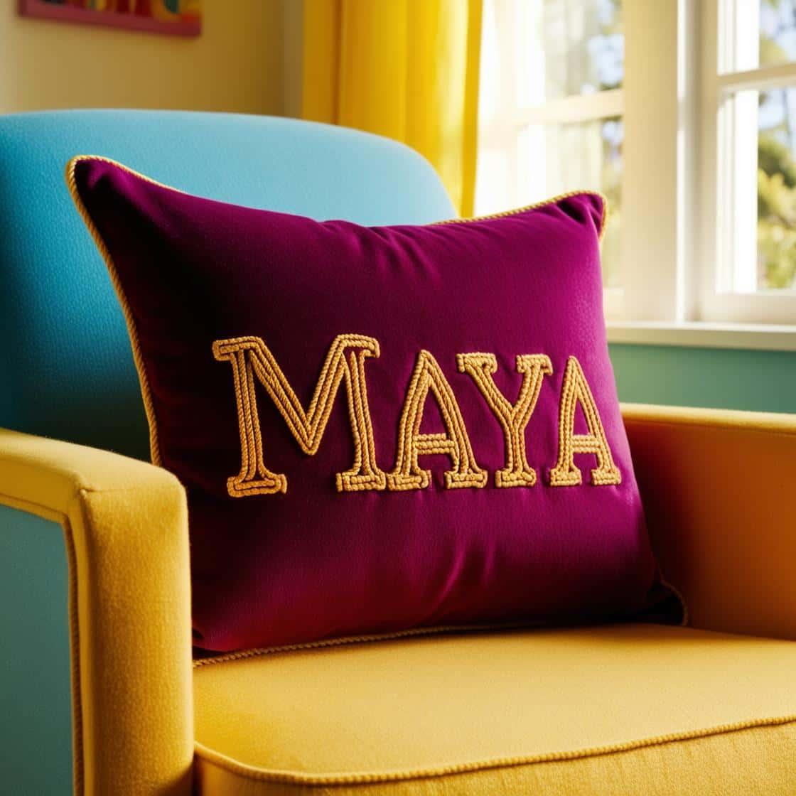 Un coussin avec le prenom maya sur un fauteuil d enfant dans une chambre d enfant