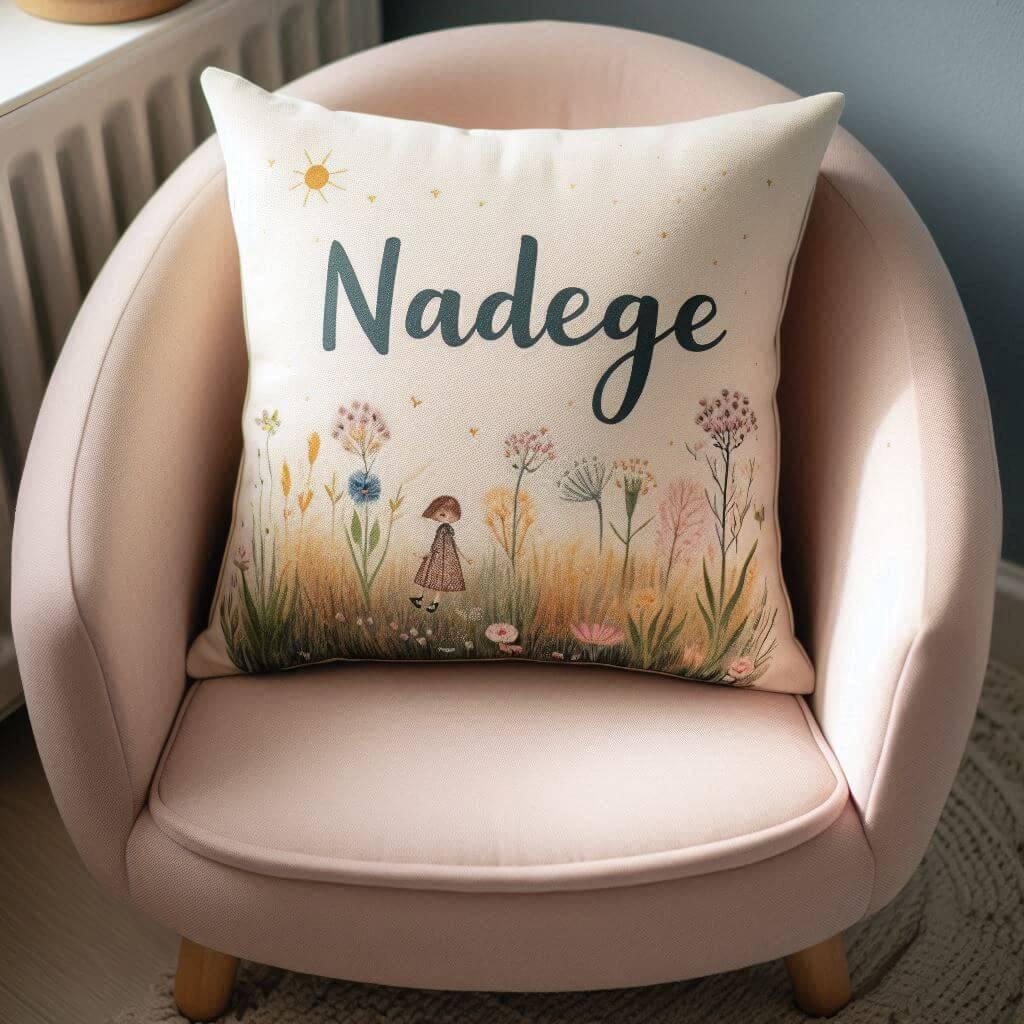 Un coussin avec le prenom nadege sur un fauteuil d enfant 1