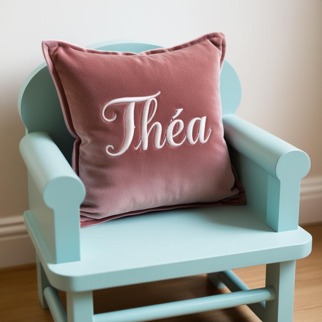 Un coussin avec le prenom thea sur un fauteuil d enfant 1