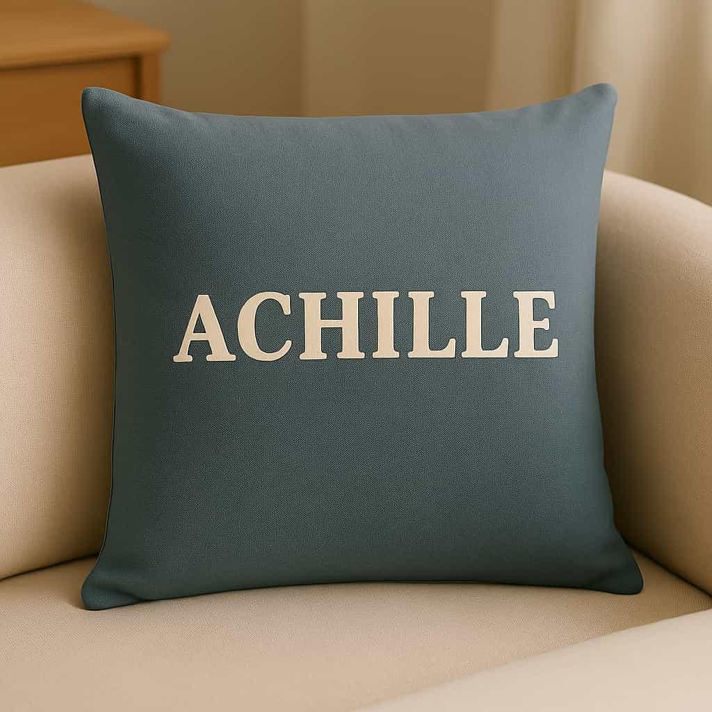 Un coussin personnalise avec le prenom achille couleur bleu gris