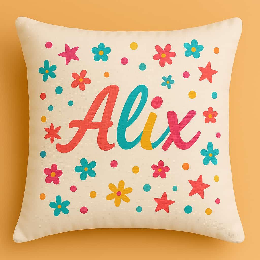 Un coussin personnalise avec le prenom alix couleurs colores