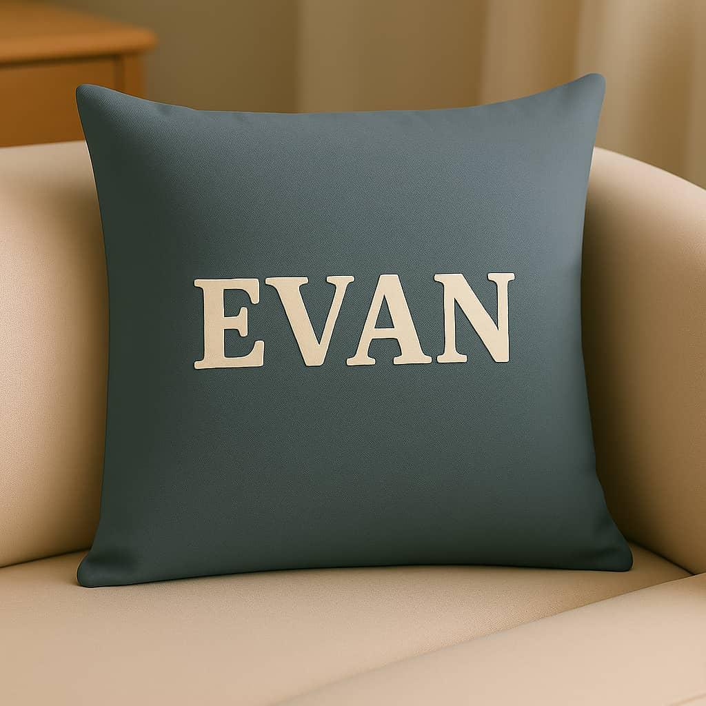 Un coussin personnalise avec le prenom evan couleur bleu gris photo professionnelle