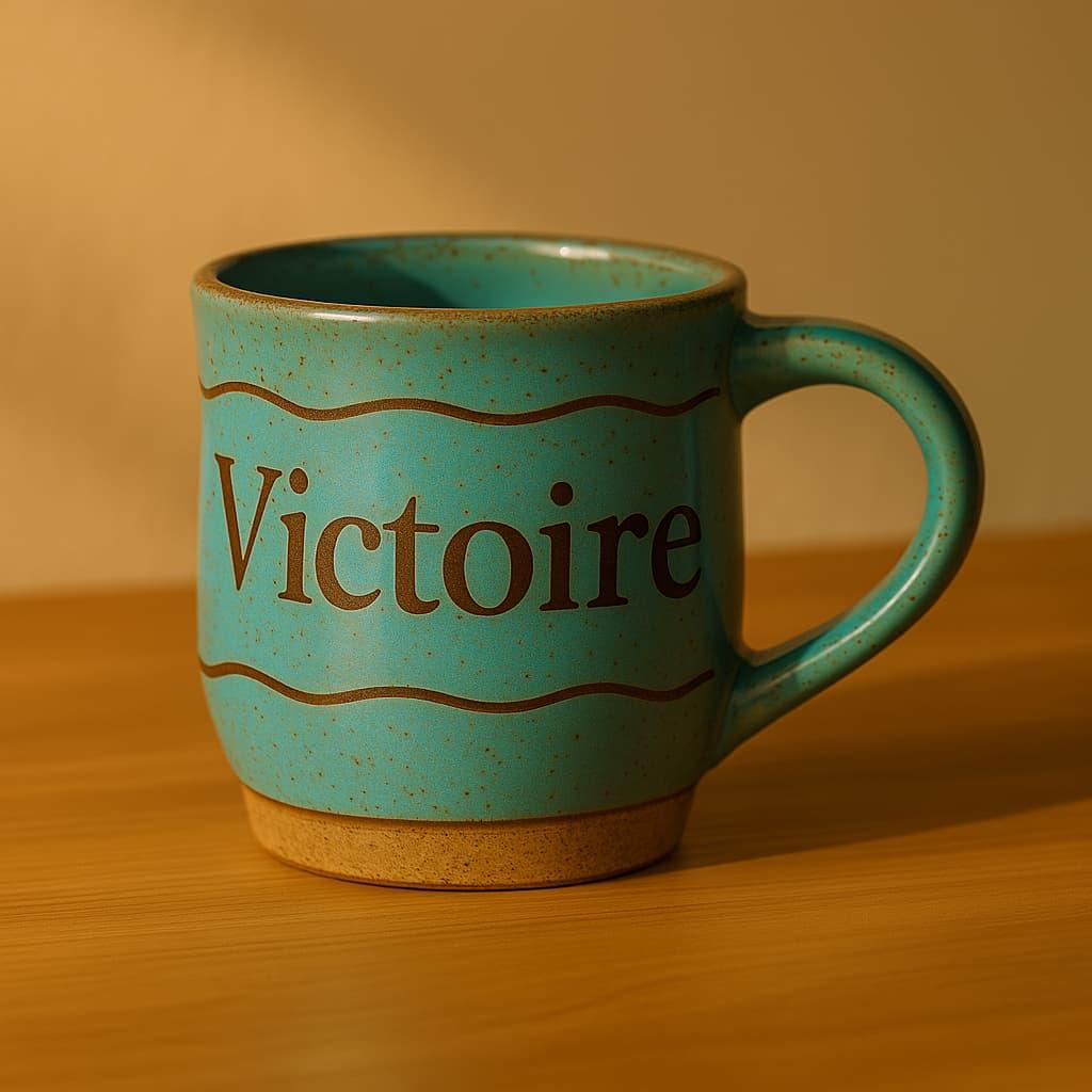 Un mug colore en porcelaine avec le prenom victoire style poterie le prenom victoire