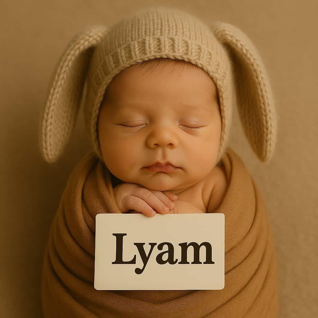 Un petit bebe avec un bonnet avec des oreilles de lapin belier personnalise avec le prenom lyam