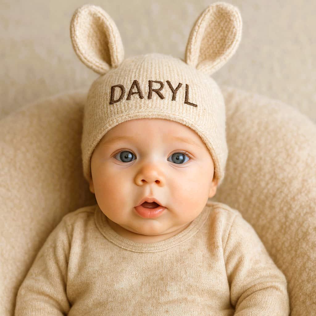 Un petit bebe avec un bonnet avec des oreilles de lapin personnalise avec le prenom daryl