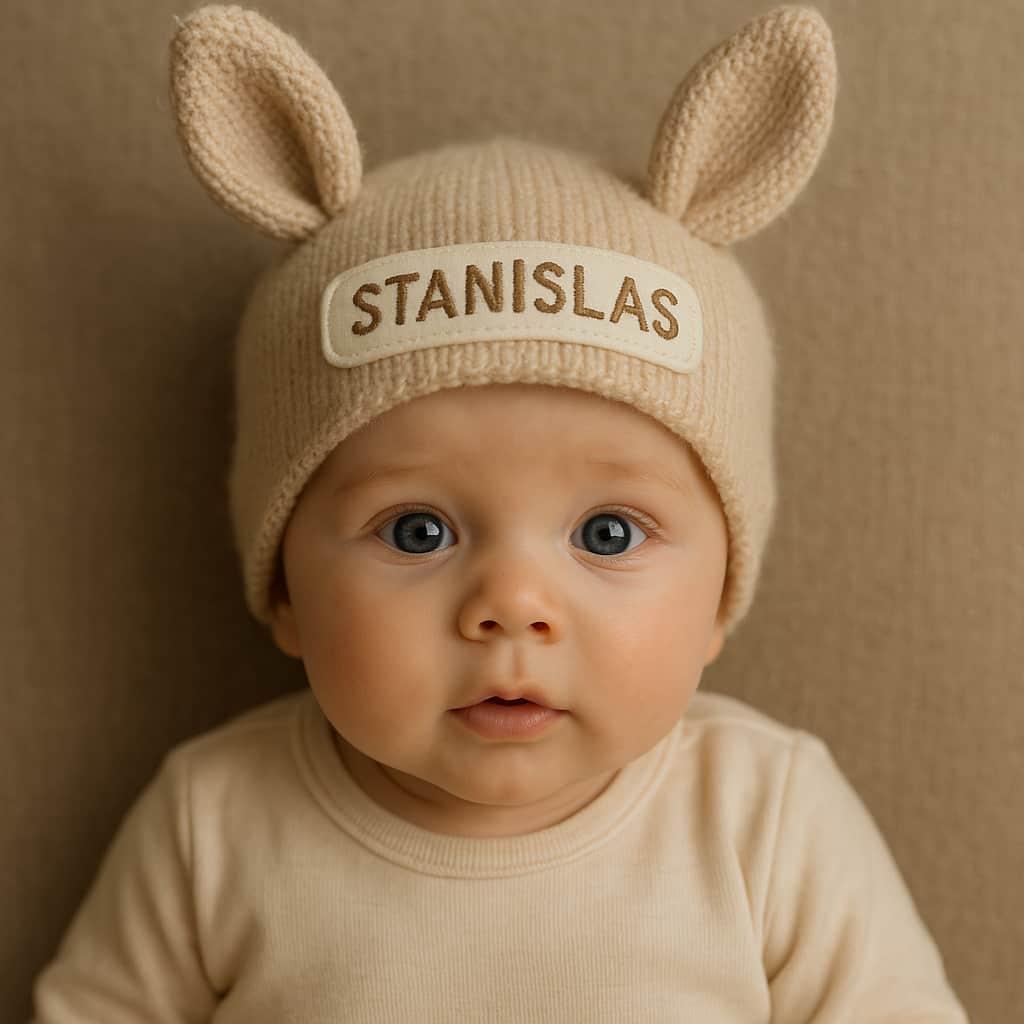 Un petit bebe avec un bonnet avec des oreilles en forme de lapin personnalise avec le prenom stanislas