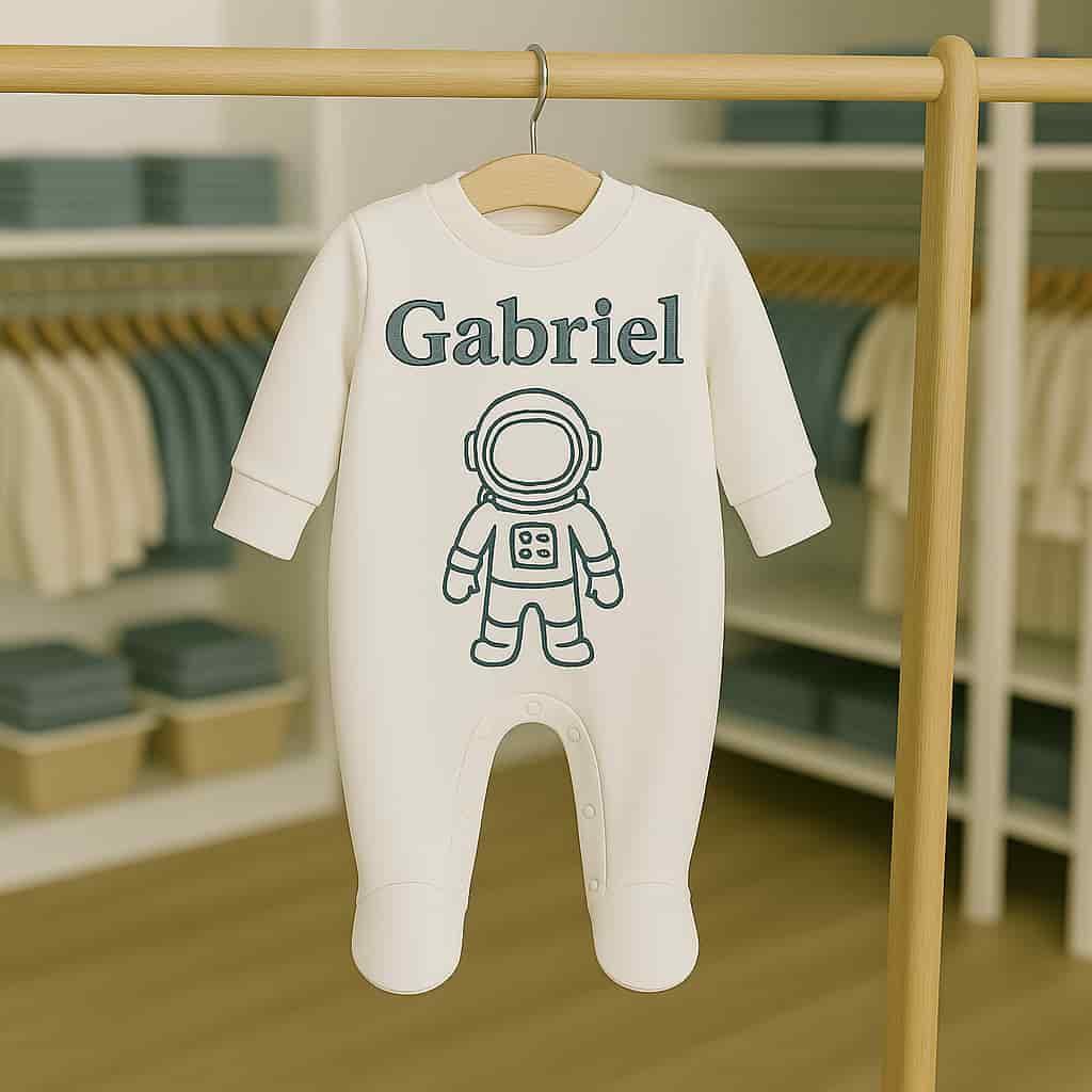 Un pyjama blanc pour bebe avec le prenom gabriel sur le theme astronaute