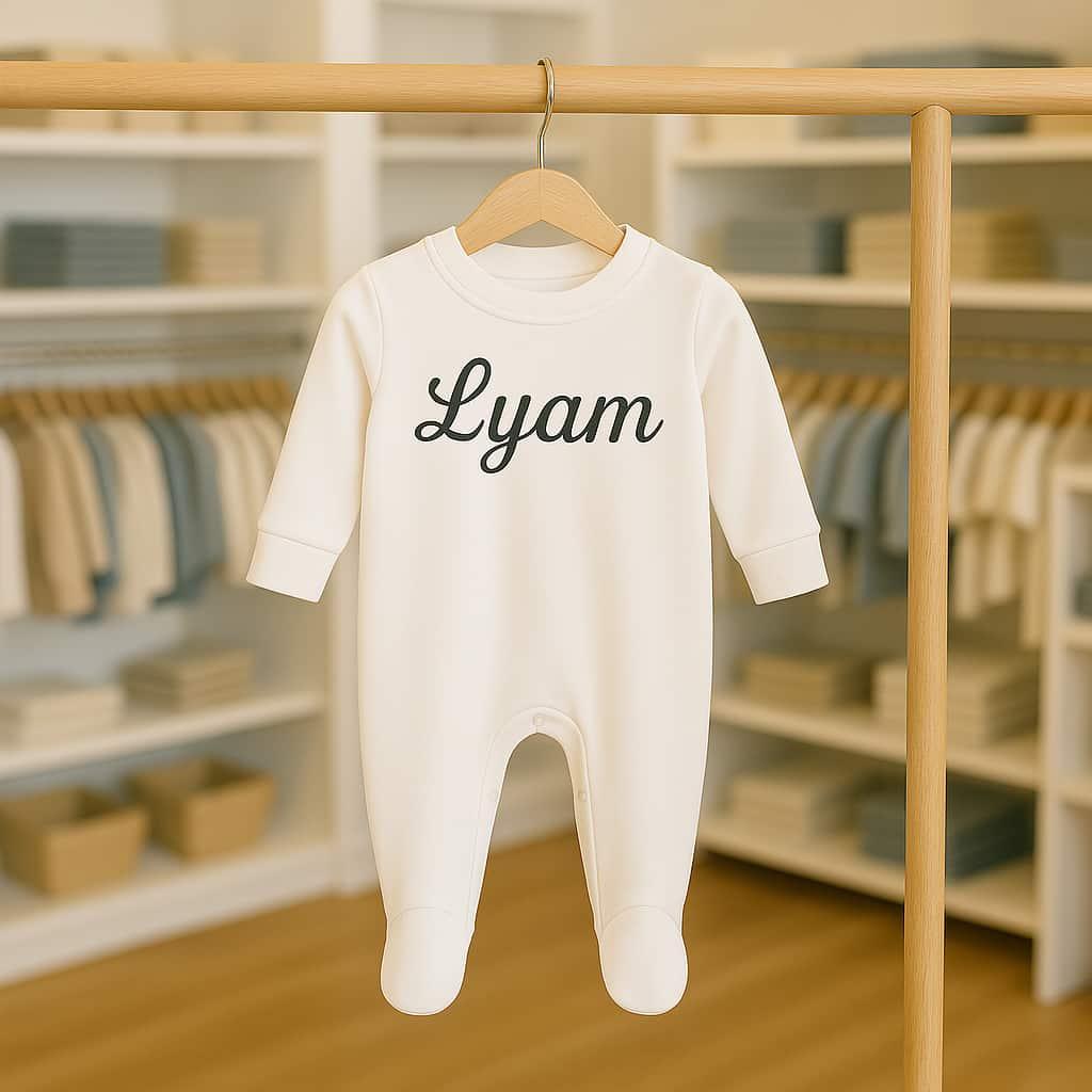 Un pyjama pour bebe personnalise avec le prenom lyam ecrit en ecriture italique sur une penderie dans un magasin