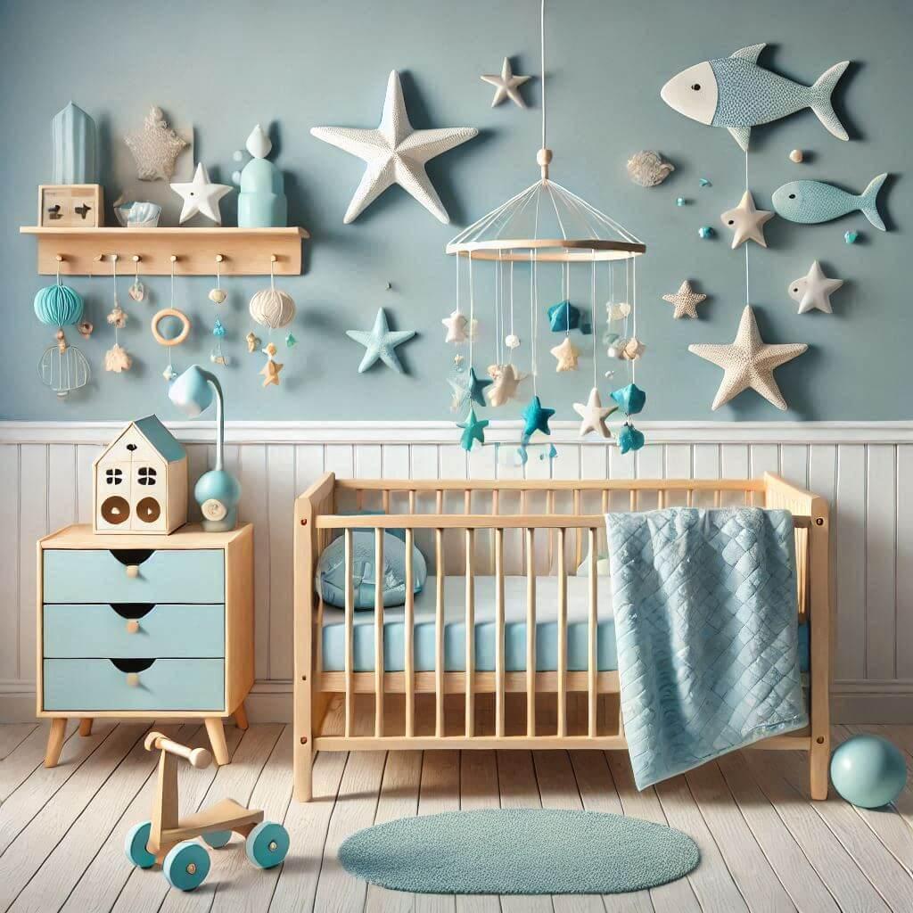 Chambre bebe theme mer ocean, univers calme et apaisant pour les enfants de 0 a 3 ans avec des tons bleu pastel blanc touches de turquoise, decoration originale
