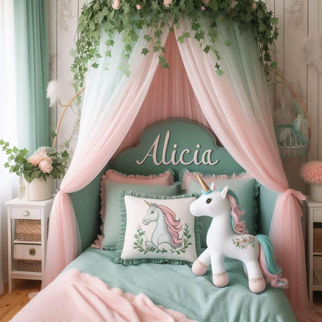 Chambre de bébé fille avec le prénom Alicia, thème contes et légendes, ciel de lit vert d'eau et rose poudré, lierre et peluche licorne, prénom Alicia brodé sur coussin.