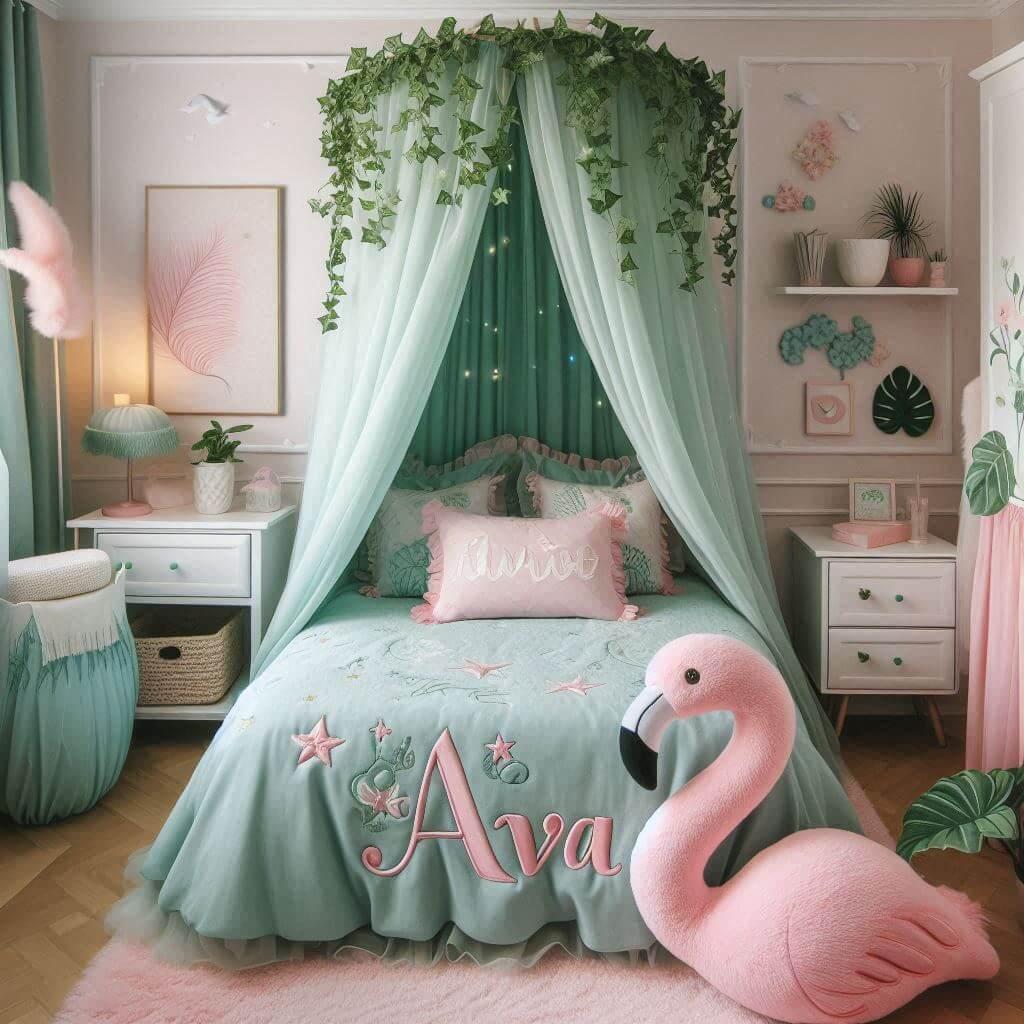 Une belle chambre de bebe fille avec le prenom ava sur le theme des contes et legendes avec un ciel de lit vert d eau et rose poudre du lierre une peluche flamant rose le prenom av