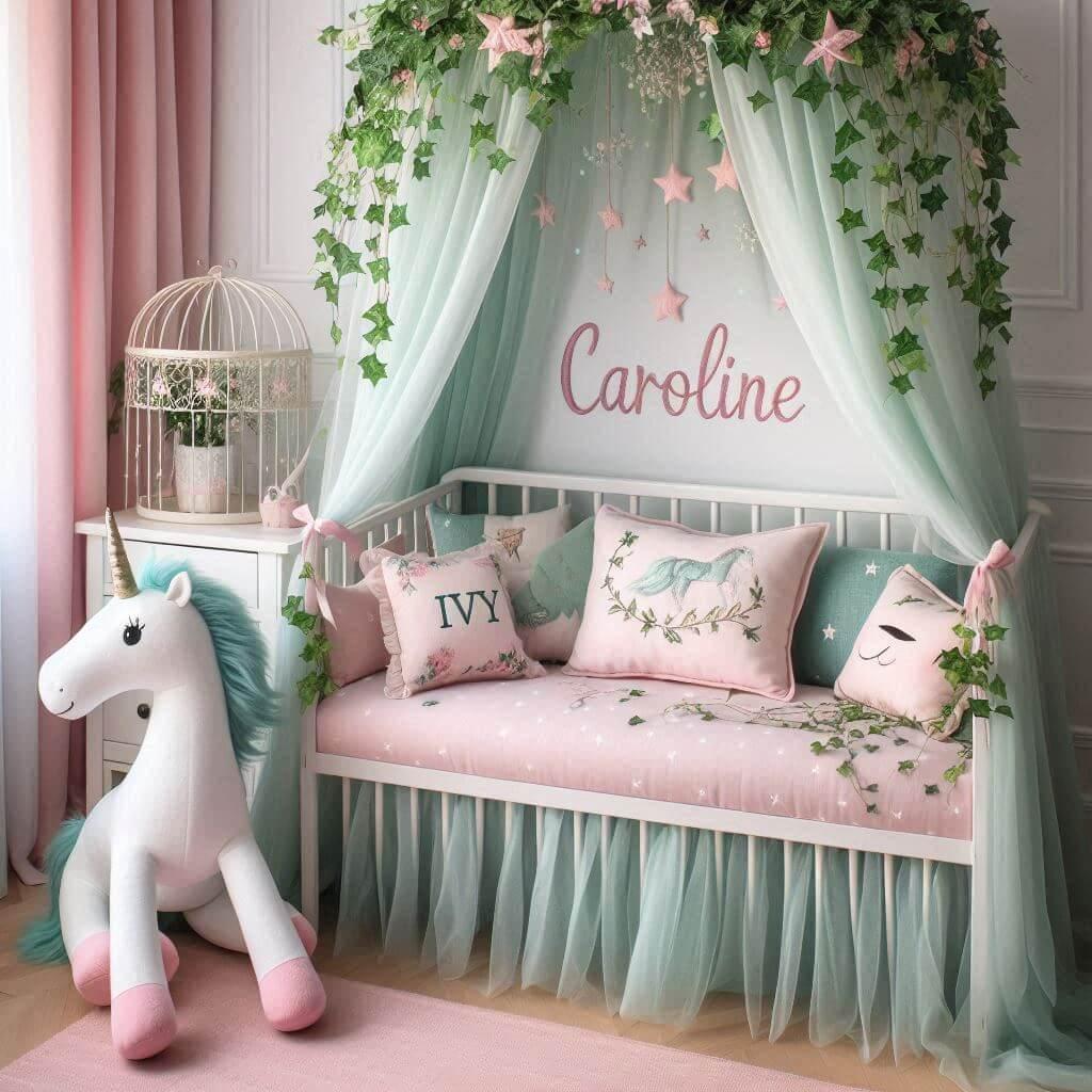 Une belle chambre de bebe fille avec le prenom caroline sur le theme des contes et legendes avec un ciel de lit vert d eau et rose poudre du lierre une peluche licorne le prenom ca