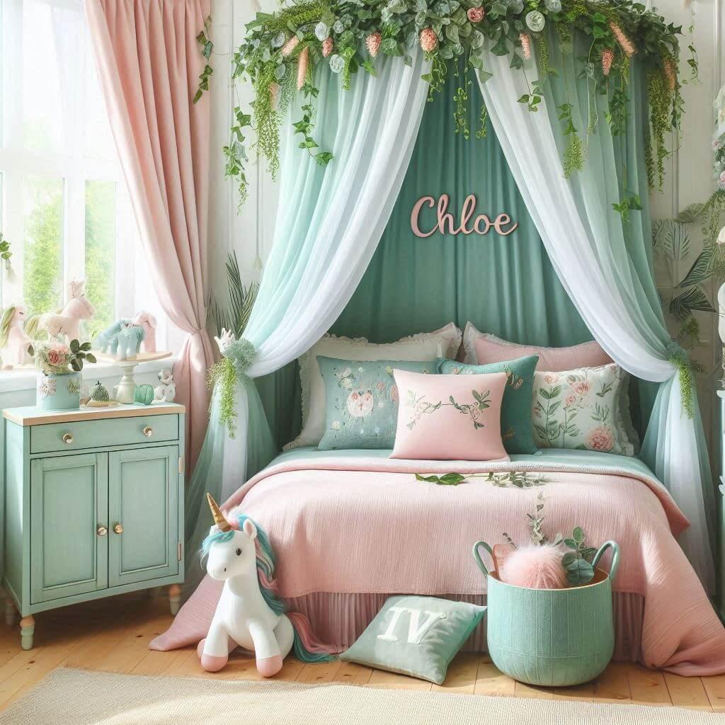 Une belle chambre de bebe fille avec le prenom chloe sur le theme des contes et legendes avec un ciel de lit vert d eau et rose poudre du lierre une peluche licorne le prenom chloe