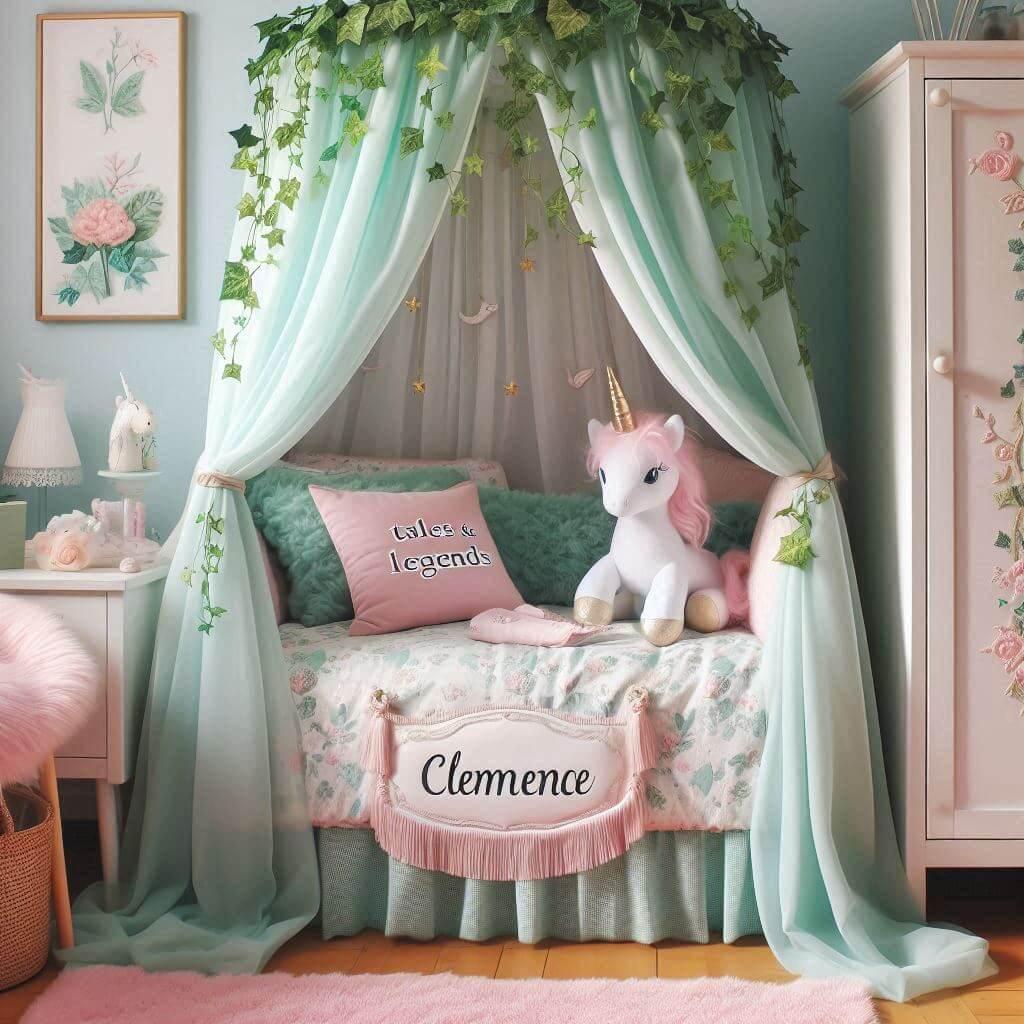 Une belle chambre de bebe fille avec le prenom clemence sur le theme des contes et legendes avec un ciel de lit vert d eau et rose poudre du lierre une peluche licorne le prenom cl