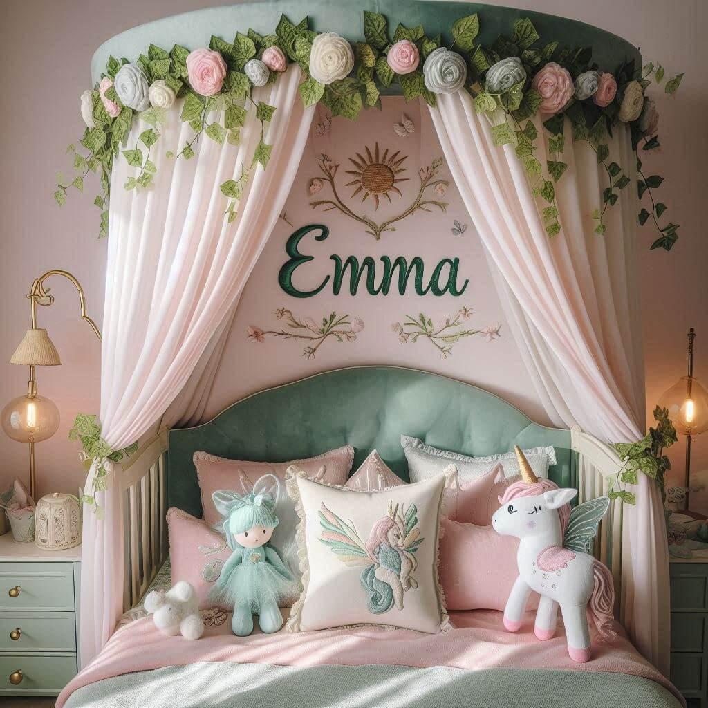Une belle chambre de bebe fille avec le prenom emma sur le theme des contes et legendes lit badalquin avec un ciel de lit vert d eau et rose pale du lierre une peluche fee une pelu