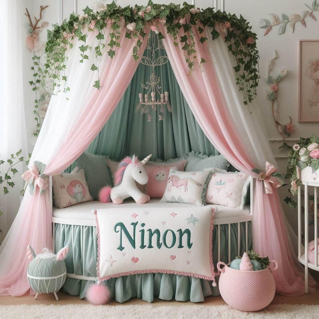 Une belle chambre de bebe fille avec le prenom ninon sur le theme des contes et legendes avec un ciel de lit vert d eau et rose poudre du lierre une peluche licorne le prenom ninon