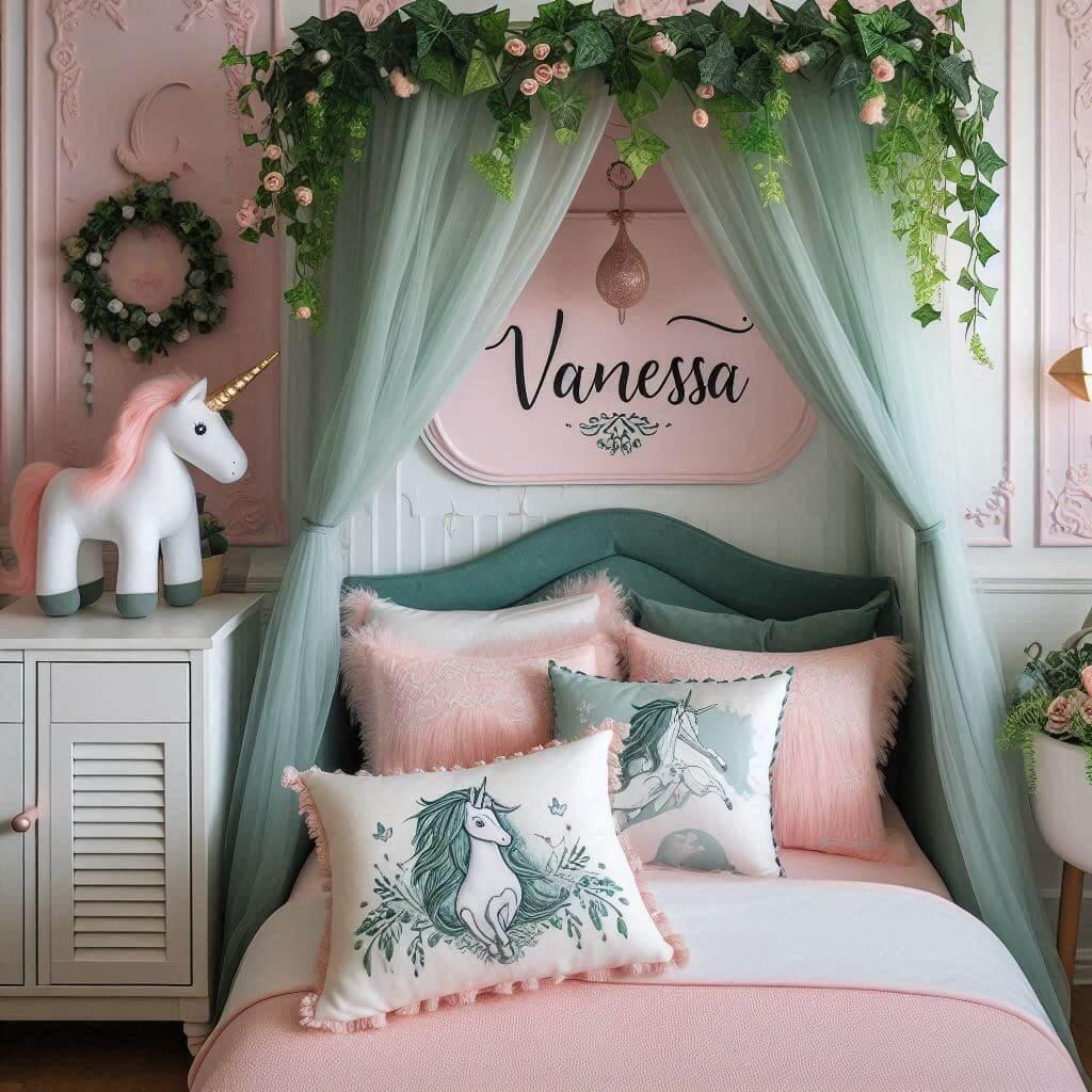 Une belle chambre de bebe fille avec le prenom vanessa sur le theme des contes et legendes avec un ciel de lit vert d eau et rose poudre du lierre une peluche licorne le prenom van