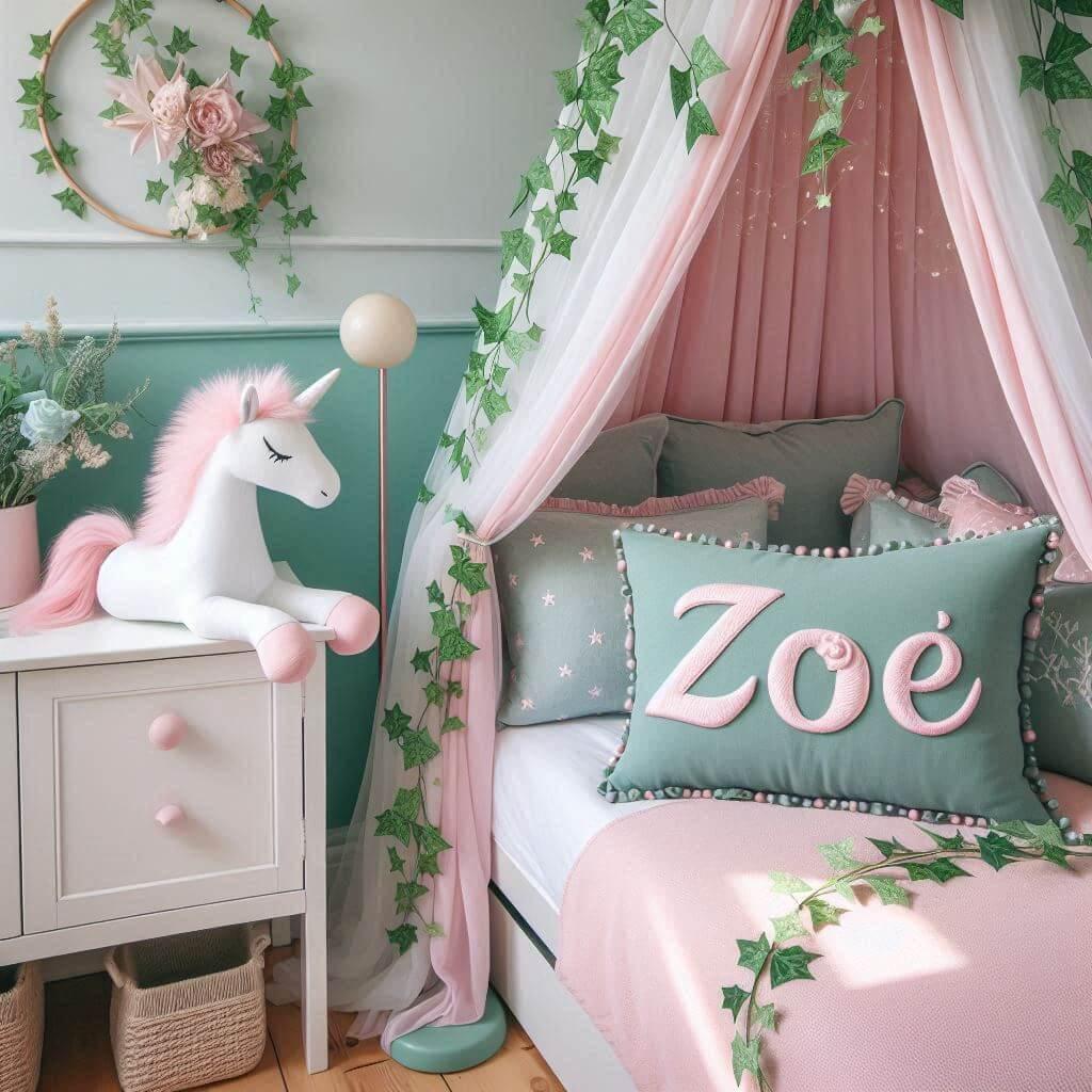 Une belle chambre de bebe fille avec le prenom zoe sur le theme des contes et legendes avec un ciel de lit vert d eau et rose poudre du lierre une peluche licorne le prenom zoe est