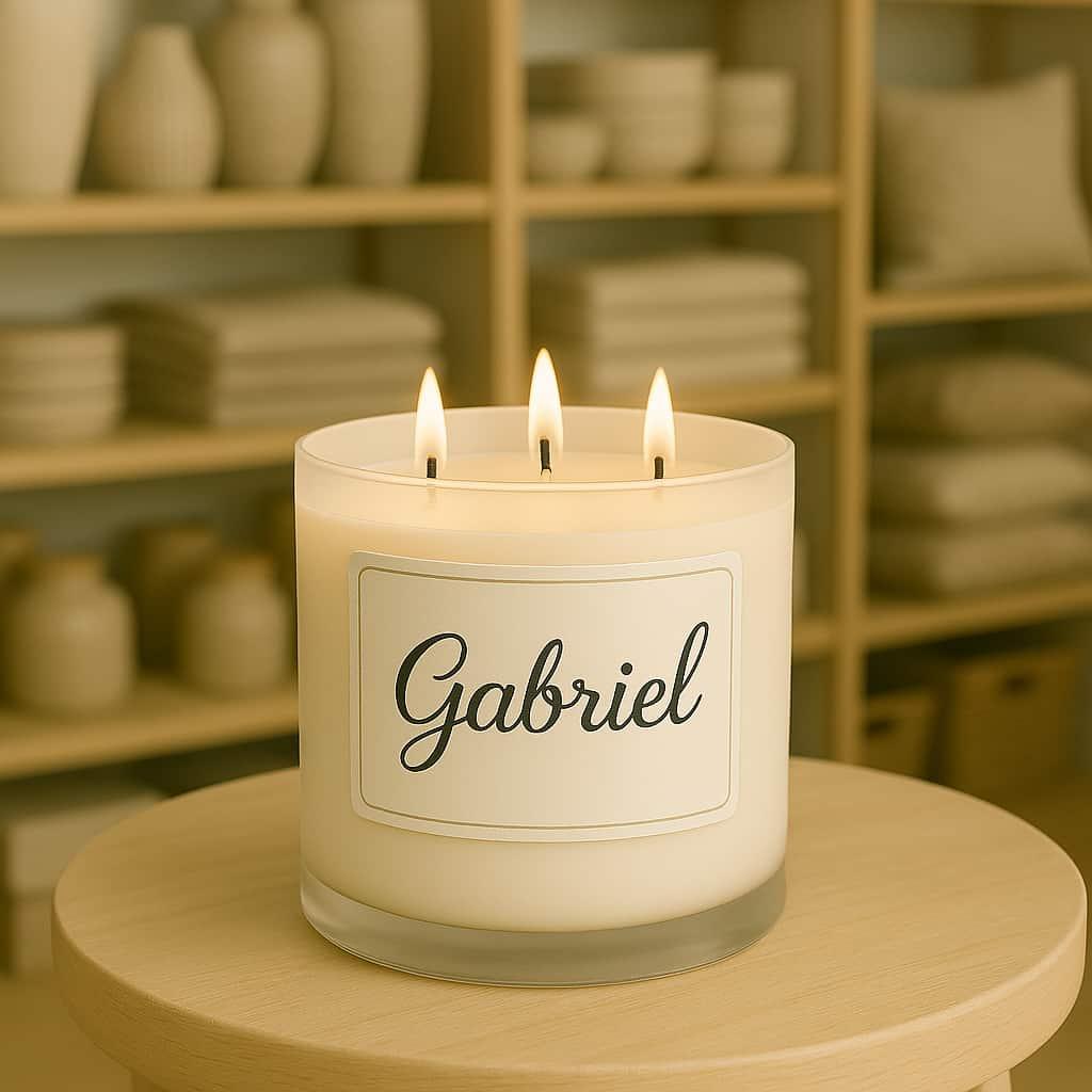 Une bougie personnalisee avec le prenom gabriel ecrit en calligraphie sur une etiquette