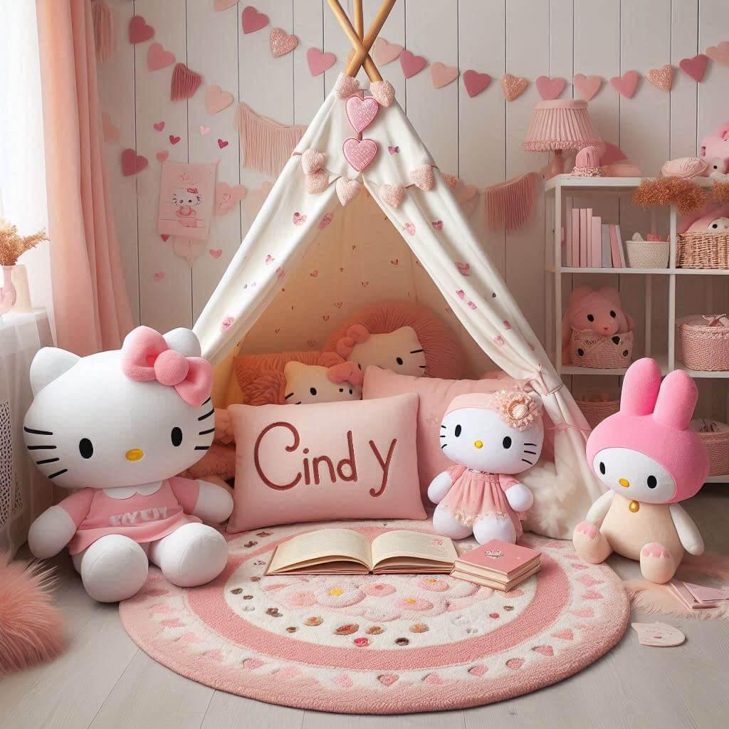 Une chambre avec coin lecture inspire de hello kitty avec des tons roses et blancs un tapis moelleux decore de motifs de petits n uds et de c urs accompagne de peluches hello kitty