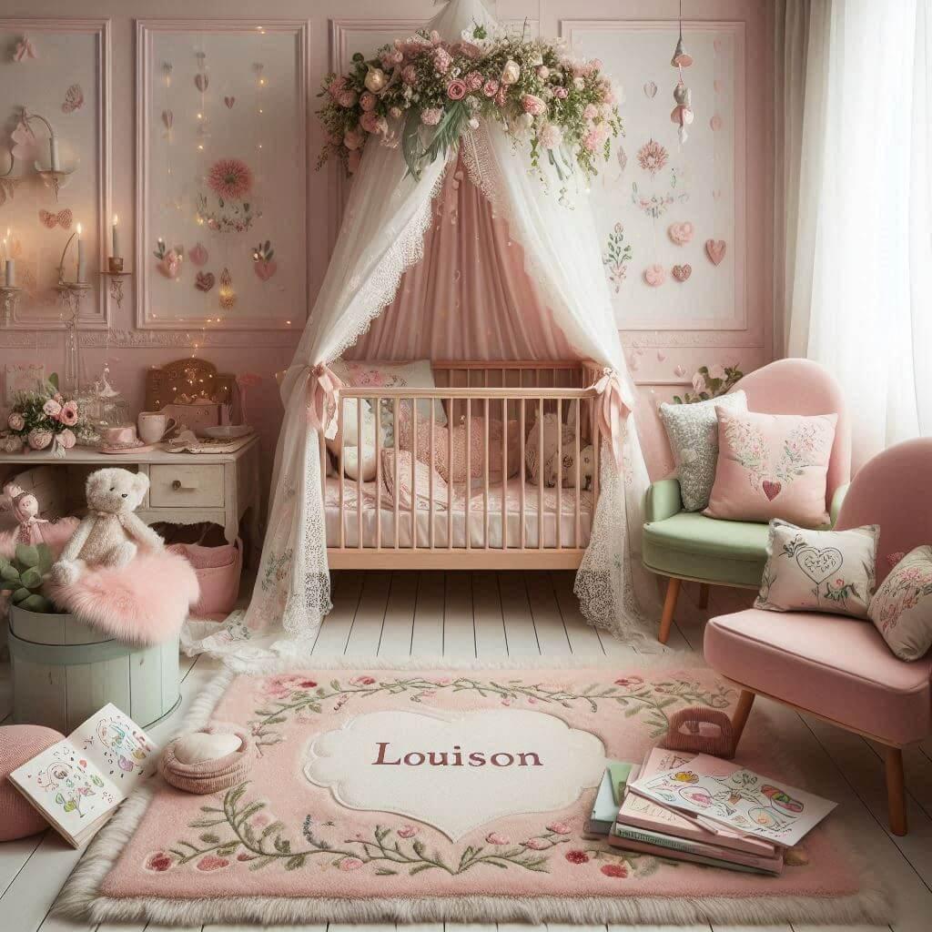 Une chambre bucolique avec un coin lecture aux tons pastel de rose et vert pastel et blanc un tapis moelleux orne de motifs floraux et de c urs un berceau en bois avec un ciel de l