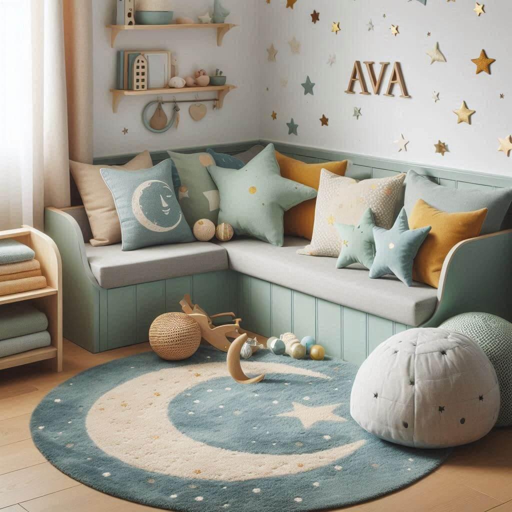 Une chambre d enfant avec un coin jeu des coussins en forme de lune et d etoiles un tapis moelleux avec des teintes douces comme le vert d eau le bleu pale et le moutarde et le pre